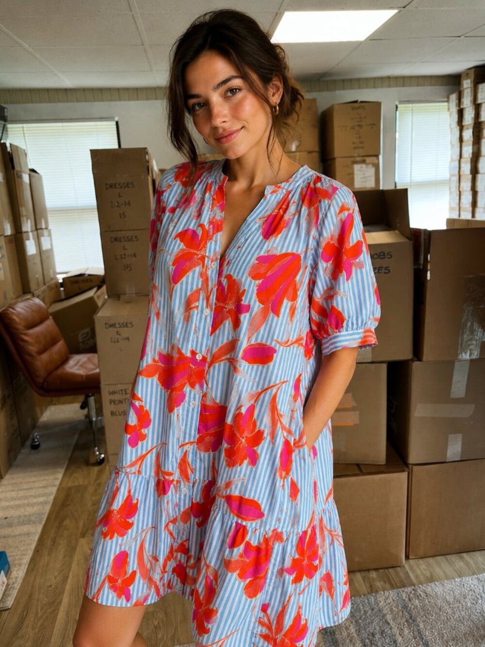 THML Blue & Pink Floral Tiered Midi Dress